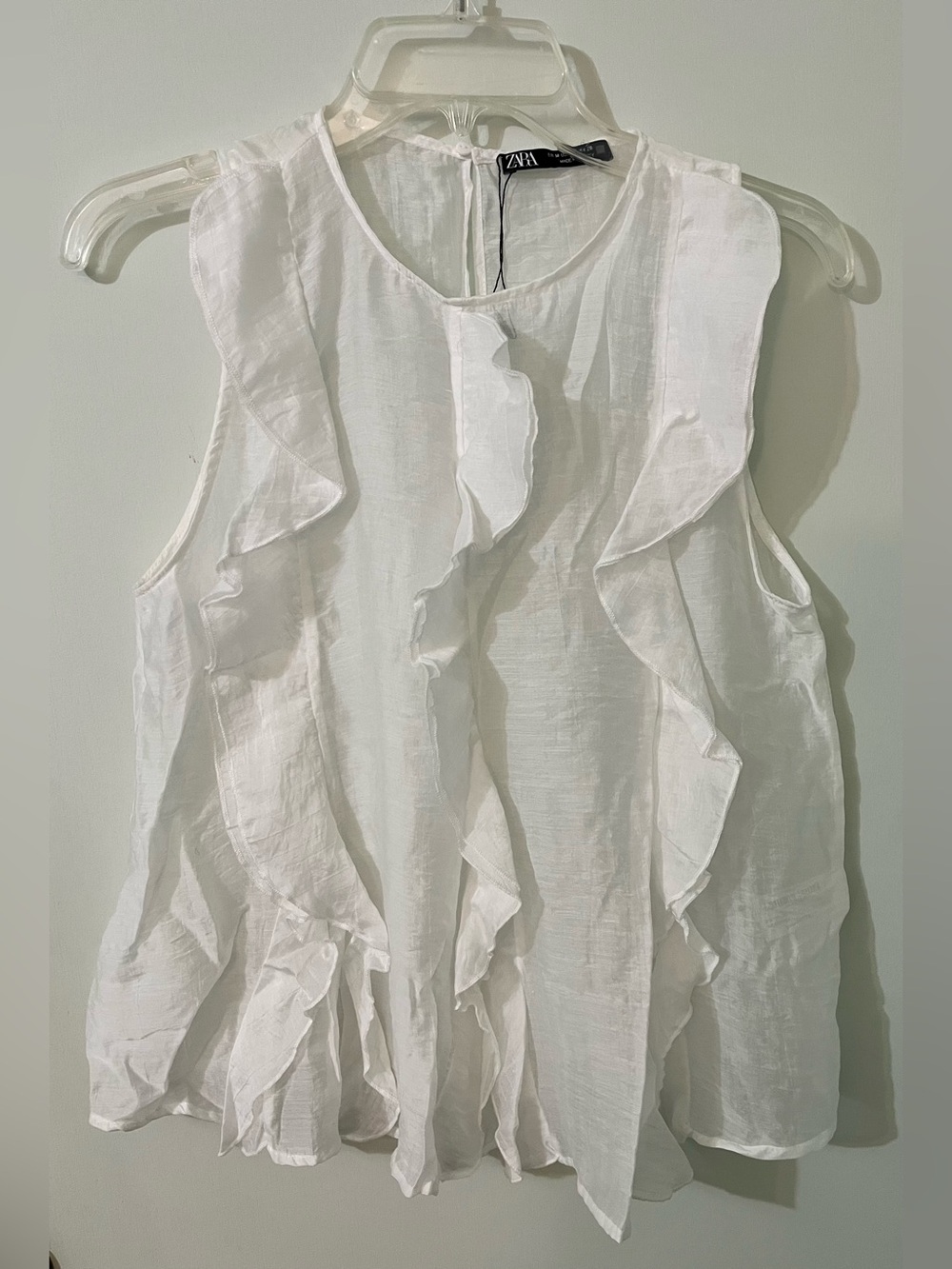 Zara White Ruffle Sheer Sleeveless Blouse flowing boho romantic